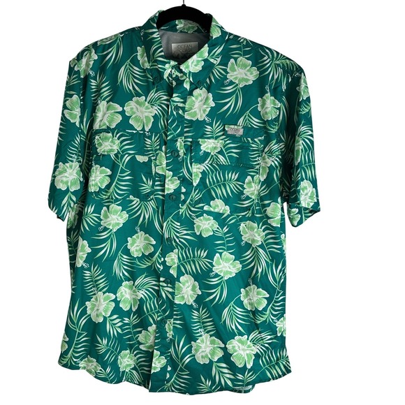 Ocean Coast Other - Ocean + Coast Mens Green Tropical Hibiscus Fishing Shirt Short Sleeve Small S